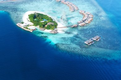 Atolls and islands in Maldives from aerial view